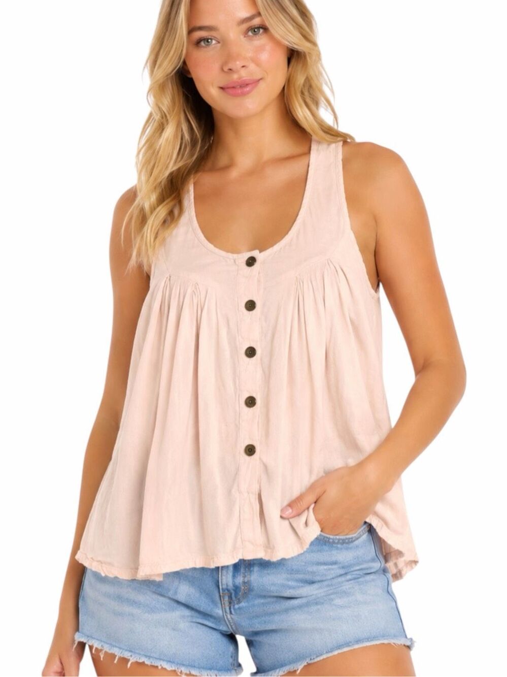 O’NEILL Button Front Flowy Tank Top Blush Pink Babydoll Small